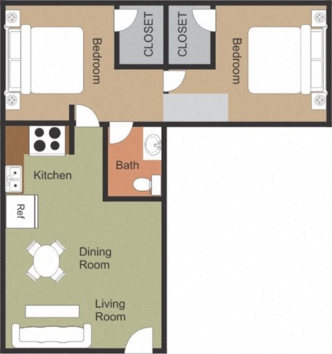 Floor plan for 2 beds, 1 bath, 636 sqft